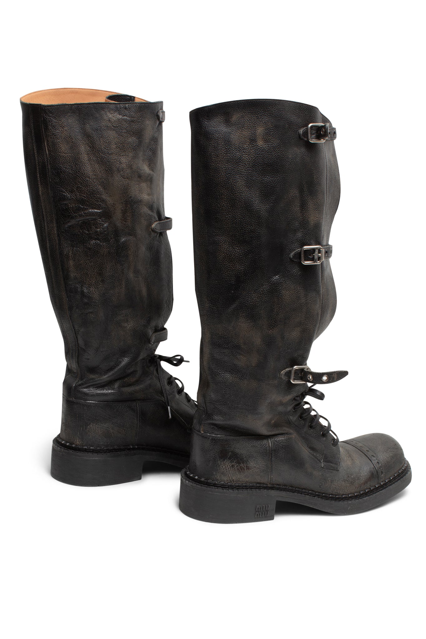 Miu Miu Antic Buckle Distressed Leather Knee-High Boots - Xia Office