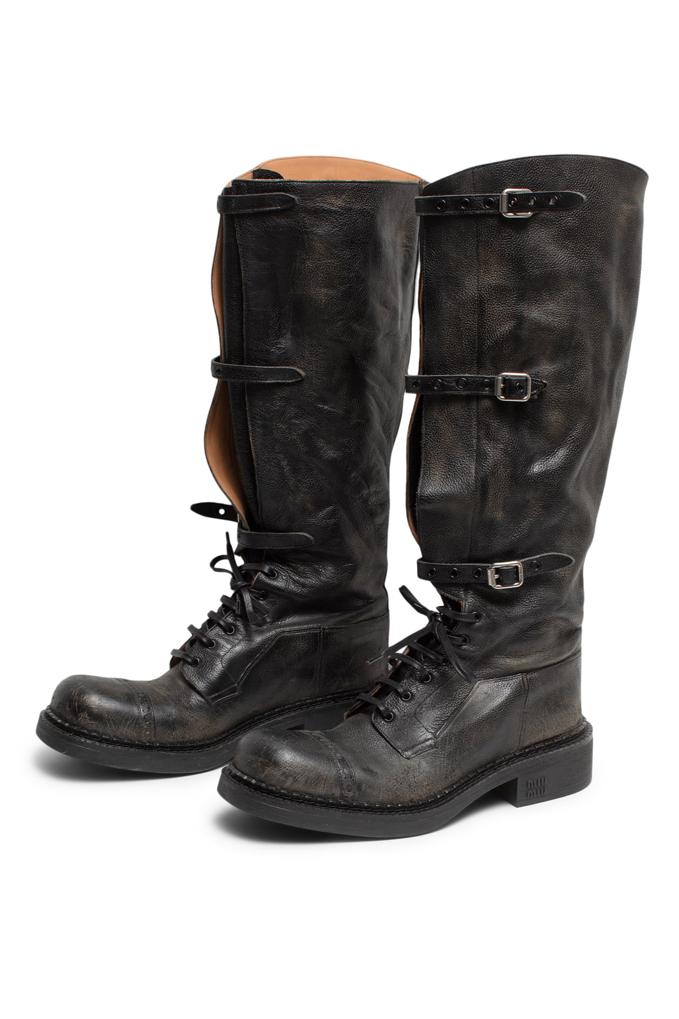 Miu Miu Antic Buckle Distressed Leather Knee-High Boots - Xia Office