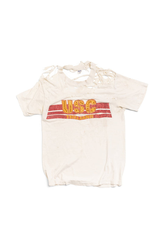 Vintage USC Trojans Distressed T-Shirt with Hand-embellished Rhinestones