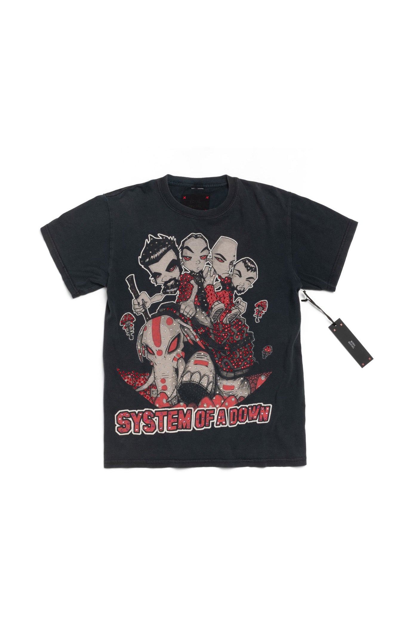 Vintage 2000s System of a Down Mushrooms Print T-Shirt with Hand-embellished Rhinestones